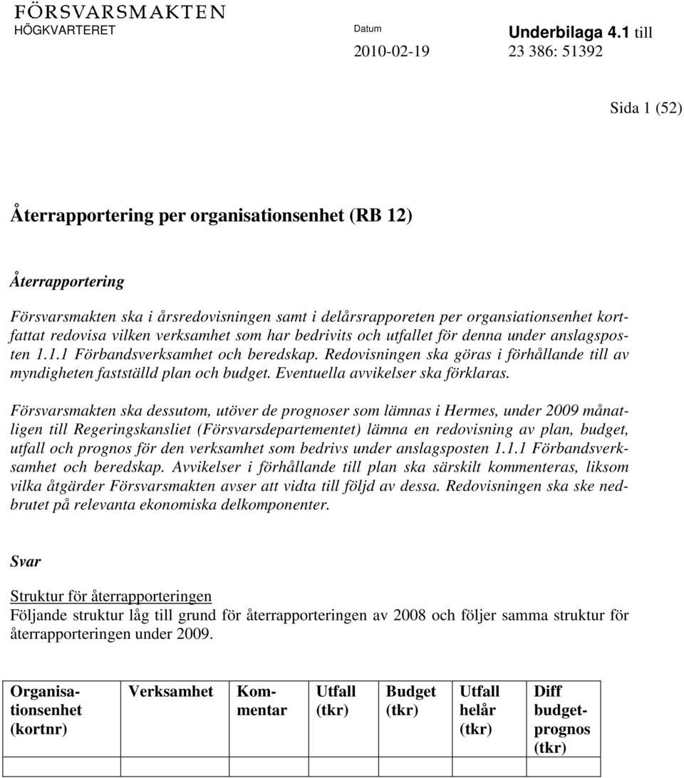Redovisningen ska göras i förhållande till av myndigheten fastställd plan och budget. Eventuella avvikelser ska förklaras.