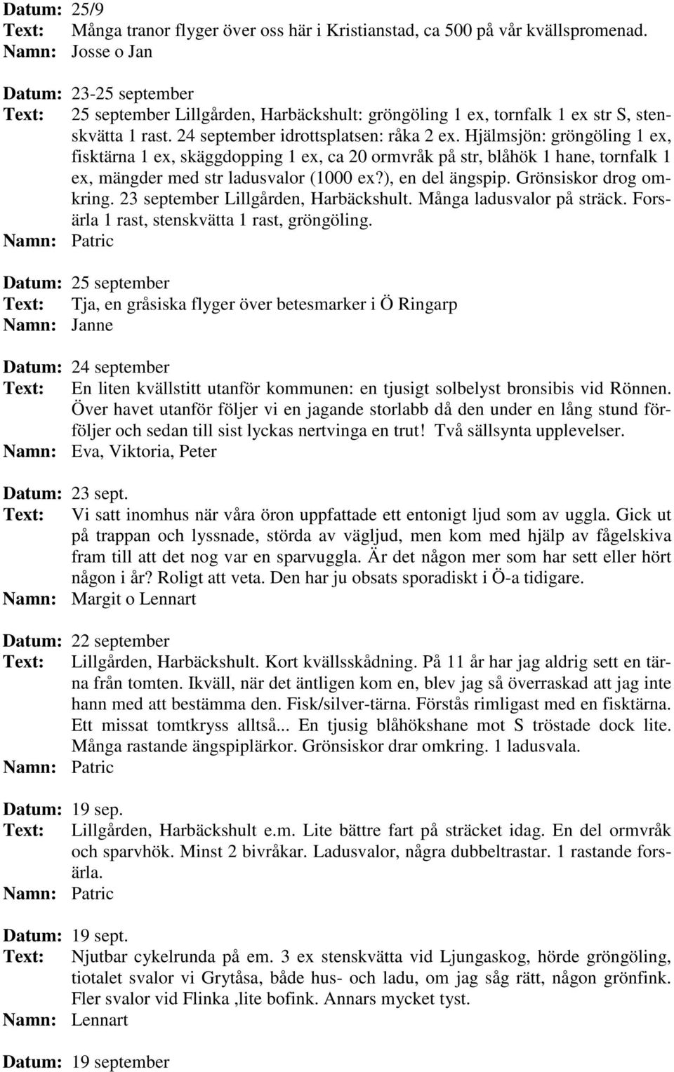 Hjälmsjön: gröngöling 1 ex, fisktärna 1 ex, skäggdopping 1 ex, ca 20 ormvråk på str, blåhök 1 hane, tornfalk 1 ex, mängder med str ladusvalor (1000 ex?), en del ängspip. Grönsiskor drog omkring.