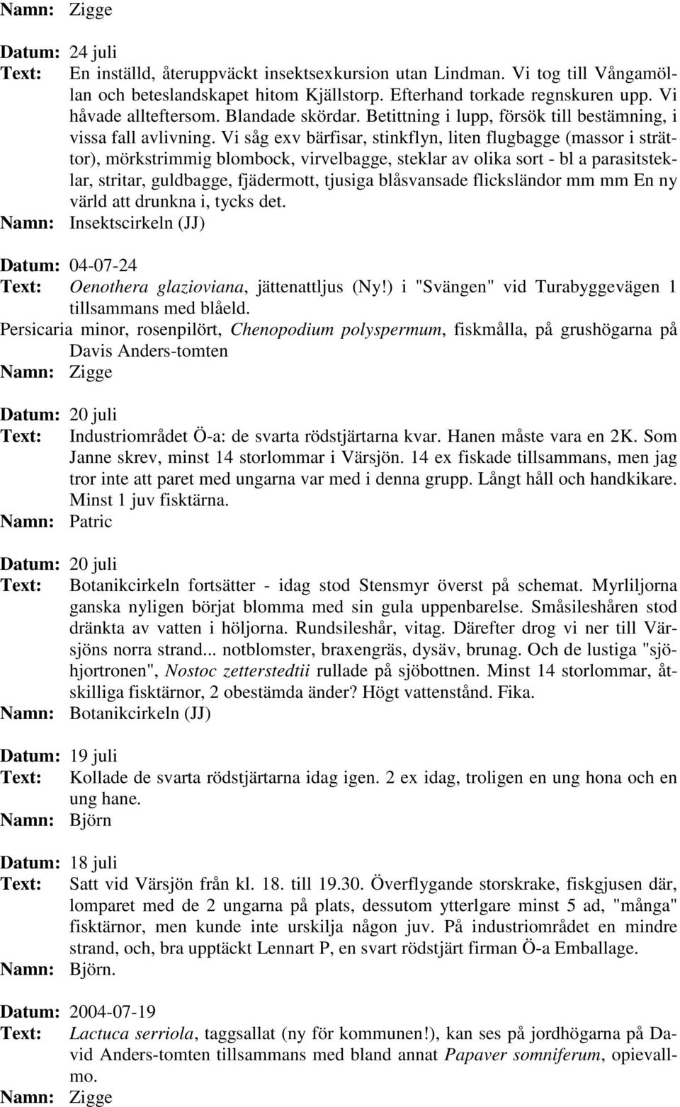 Vi såg exv bärfisar, stinkflyn, liten flugbagge (massor i strättor), mörkstrimmig blombock, virvelbagge, steklar av olika sort - bl a parasitsteklar, stritar, guldbagge, fjädermott, tjusiga