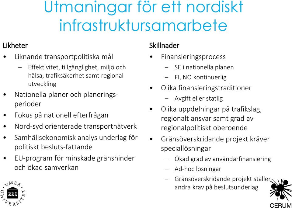 ökad samverkan Skillnader Finansieringsprocess SE i nationella planen FI, NO kontinuerlig Olika finansieringstraditioner Avgift eller statlig Olika uppdelningar på trafikslag, regionalt ansvar samt