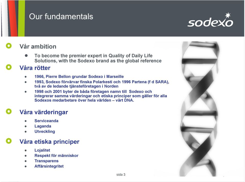 och 2001 byter de båda företagen namn till Sodexo och integrerar samma värderingar och etiska principer som gäller för alla Sodexos medarbetare över hela