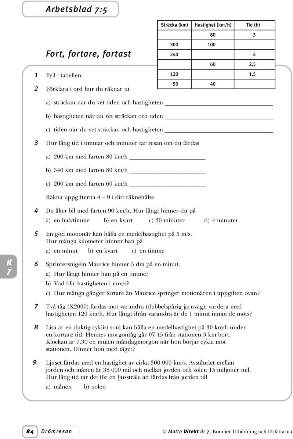med farten 80 km/h c) 200 km med farten 60 km/h Räkna uppgifterna 4 9 i ditt räknehäfte 4 Du åker bil med farten 90 km/h.