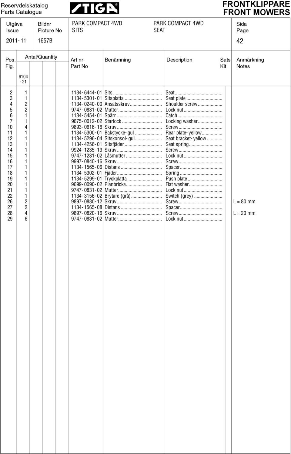 .. Shoulder screw... 5 2 4-081- 02 Mutter... Lock nut... 6 1 114-5454- 01 Spärr... Catch... 1 65-0012- 02 Starlock... Locking washer... 4 8-0616- 16 Skruv... Screw... 11 1 114-500- 01 Bakstycke- gul.