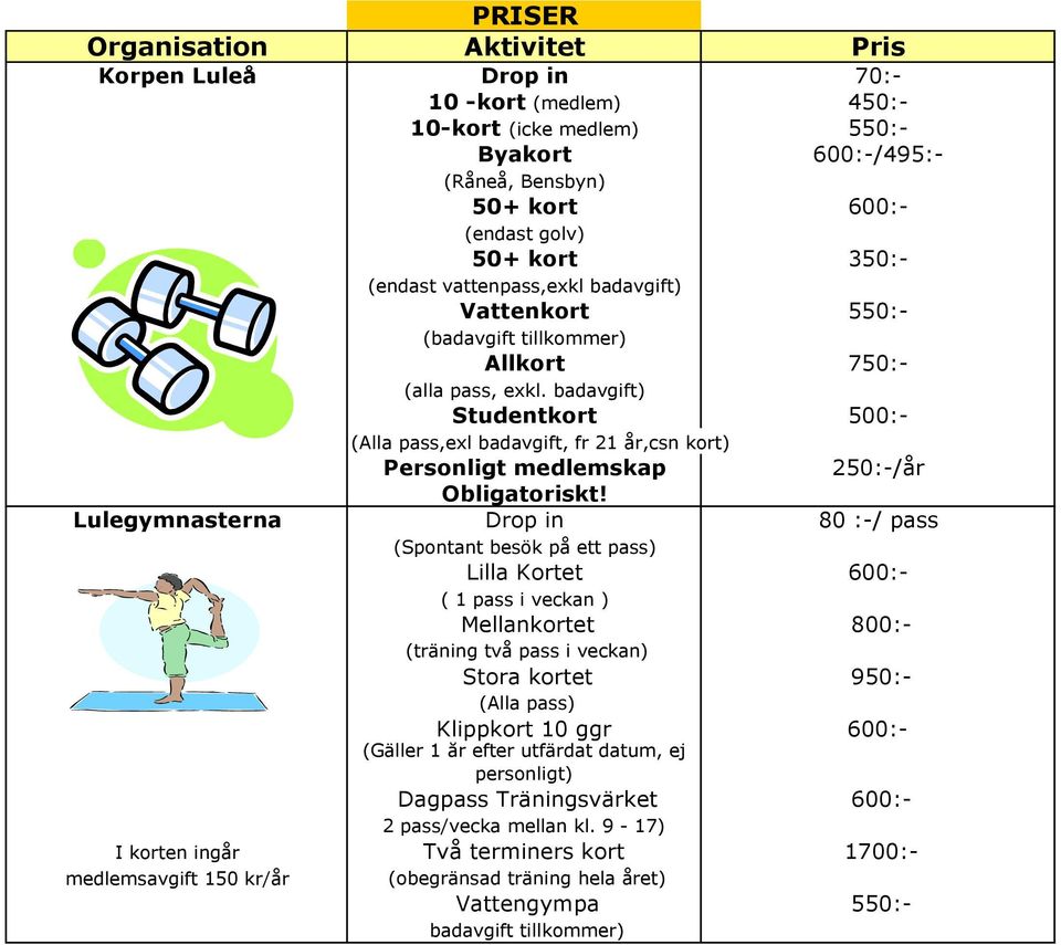 badavgift) Studentkort 500:- (Alla pass,exl badavgift, fr 21 år,csn kort) Personligt medlemskap 250:-/år Obligatoriskt!