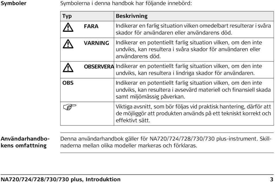 OBSERVERA Indikerar en potentiellt farlig situation vilken, om den inte undviks, kan resultera i lindriga skador för användaren.