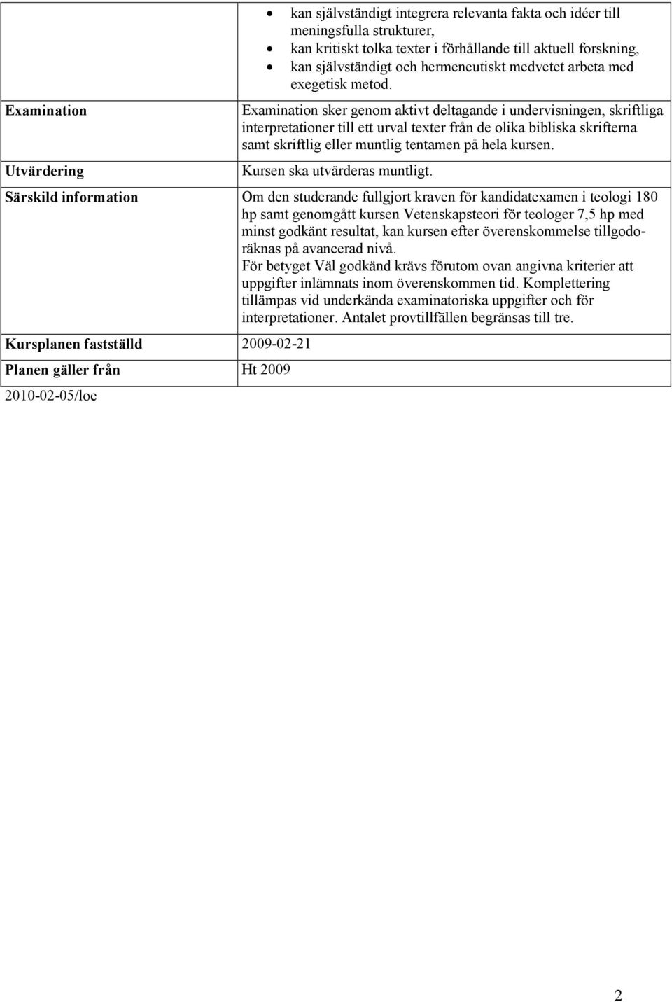 Examination sker genom aktivt deltagande i undervisningen, skriftliga interpretationer till ett urval texter från de olika bibliska skrifterna samt skriftlig eller muntlig tentamen på hela kursen.