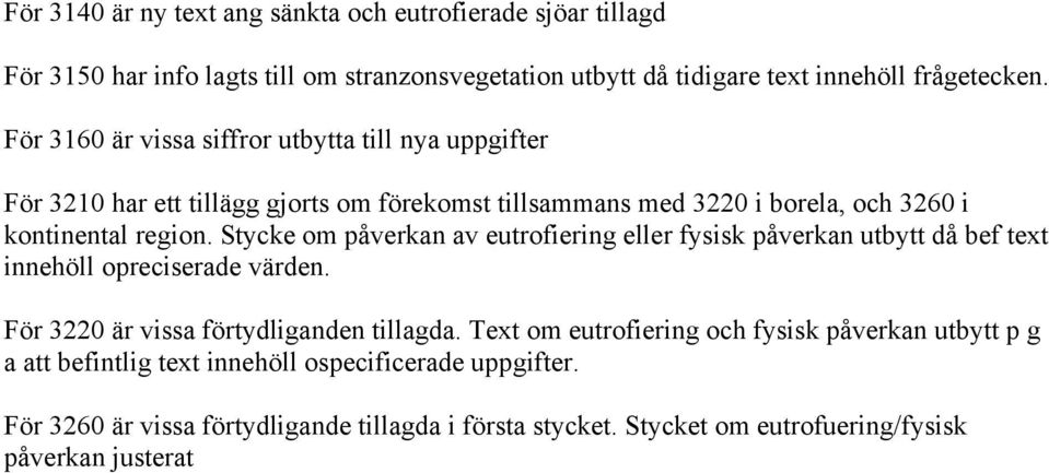 Stycke om påverkan av eutrofiering eller fysisk påverkan utbytt då bef text innehöll opreciserade värden. För 3220 är vissa förtydliganden tillagda.