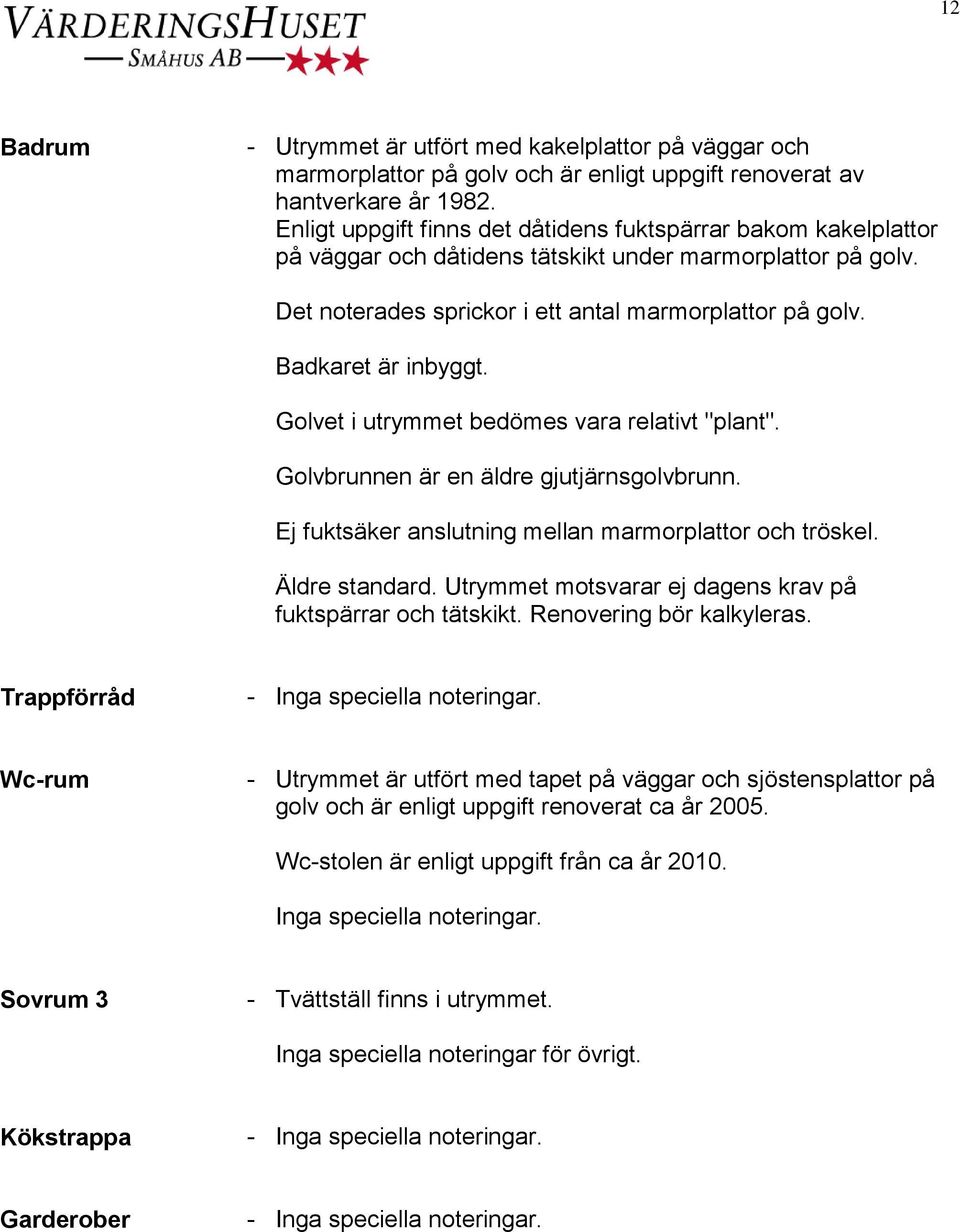 Badkaret är inbyggt. Golvet i utrymmet bedömes vara relativt "plant". Golvbrunnen är en äldre gjutjärnsgolvbrunn. Ej fuktsäker anslutning mellan marmorplattor och tröskel. Äldre standard.