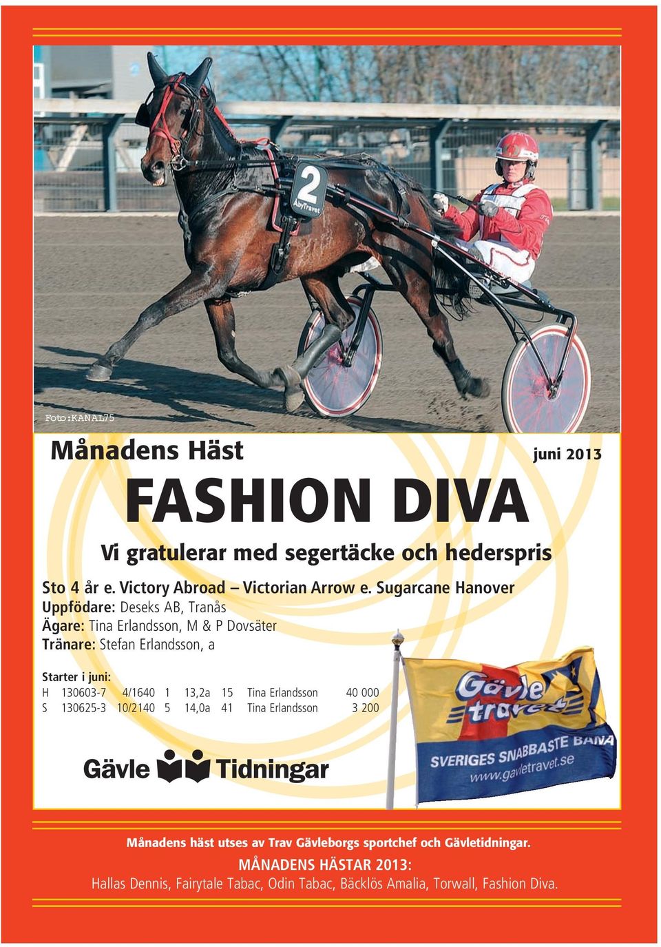 Sugarcane Hanover Uppfödare: Deseks AB, Tranås Ägare: Tina Erlandsson, M & P Dovsäter Tränare: Stefan Erlandsson, a Starter i juni: H