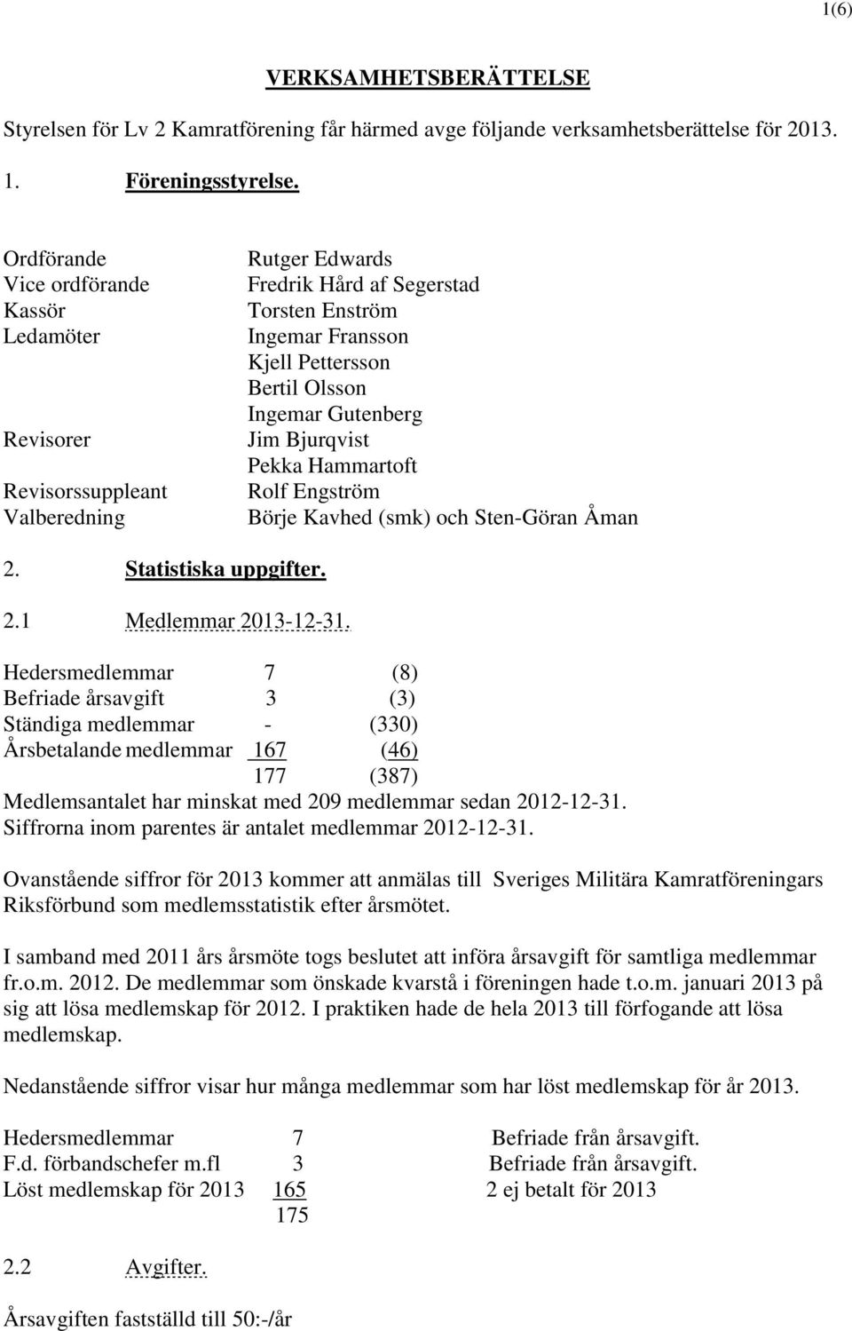 Gutenberg Jim Bjurqvist Pekka Hammartoft Rolf Engström Börje Kavhed (smk) och Sten-Göran Åman 2. Statistiska uppgifter. 2.1 Medlemmar 2013-12-31.