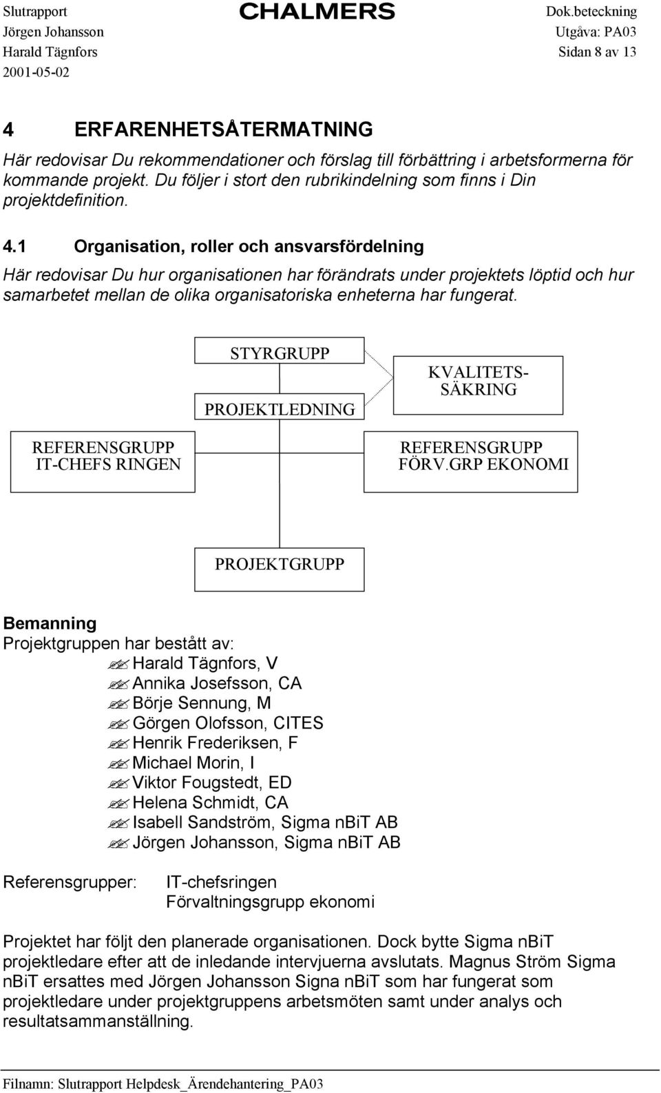 1 Organisation, roller och ansvarsfördelning Här redovisar Du hur organisationen har förändrats under projektets löptid och hur samarbetet mellan de olika organisatoriska enheterna har fungerat.