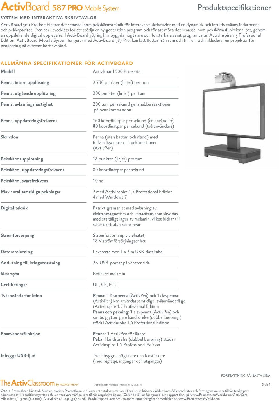 I ActivBoard 587 ingår inbyggda högtalare och förstärkare samt programvaran ActivInspire 1.5 Professional Edition.