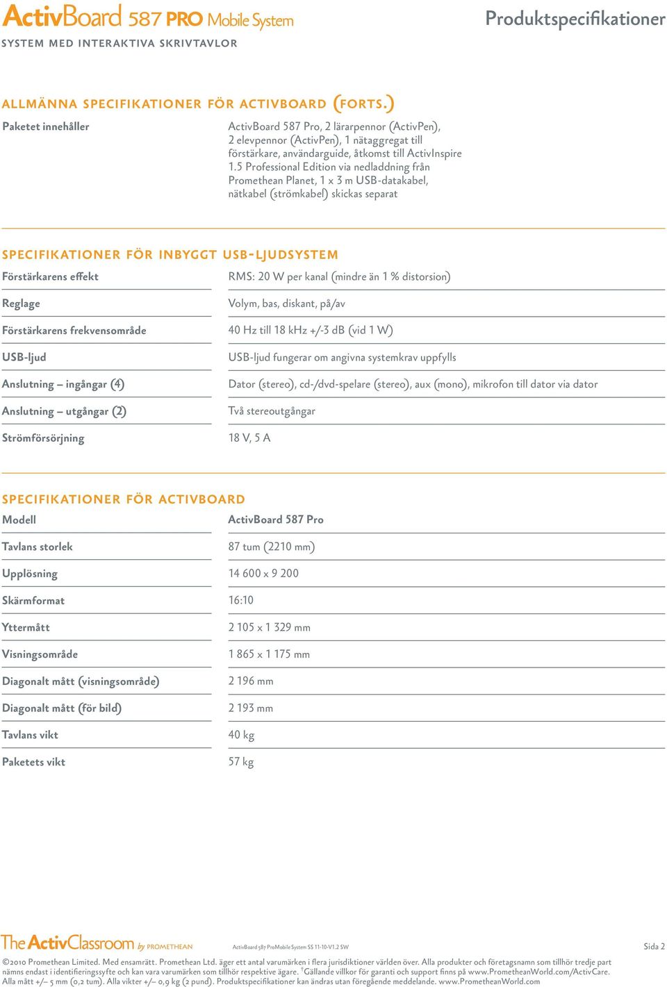 5 Professional Edition via nedladdning från Promethean Planet, 1 x 3 m USB-datakabel, nätkabel (strömkabel) skickas separat specifik ationer för inbyggt usb-ljudsystem Förstärkarens effekt Reglage