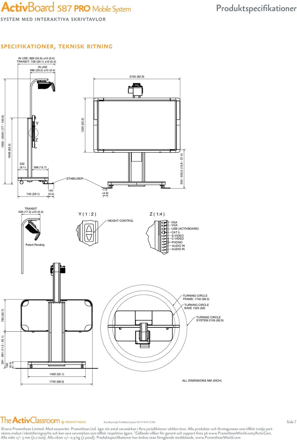4) Y ( 1 : 2 ) Z ( 1:4 ) Patent Pending HEIGHT CONTROL VGA VGA USB (ACTIVBOARD) CAT 5 S-VIDEO C-VIDEO PHONO AUDIO IN AUDIO IN TURNING CIRCLE FRAME: 1740