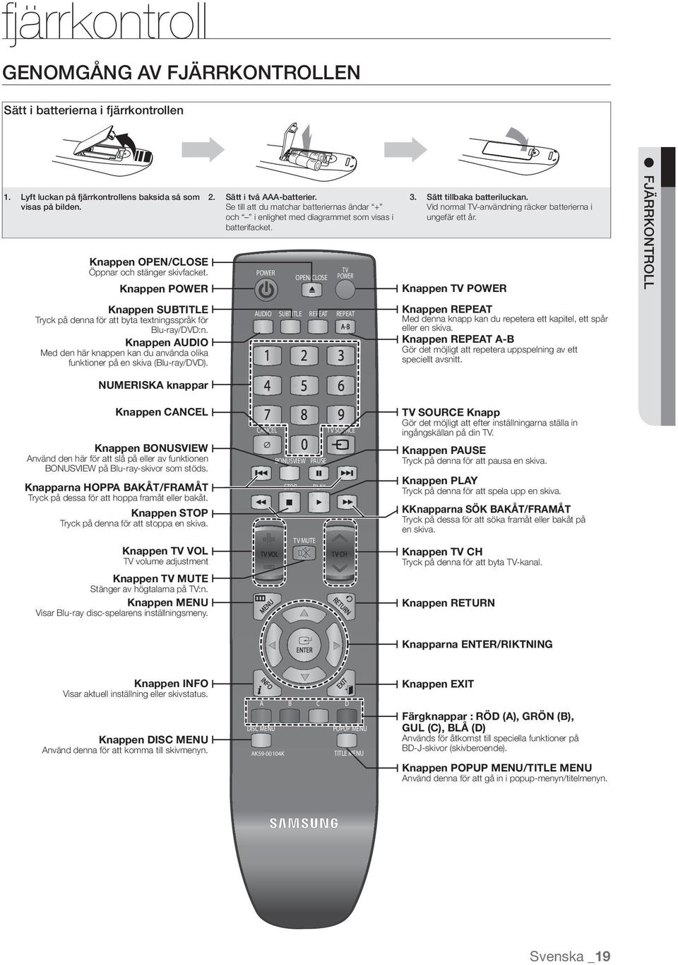 Vid normal TV-användning räcker batterierna i ungefär ett år Knappen TV POWER fjärrkontroll Knappen SUBTITLE Tryck på denna för att byta textningsspråk för Blu-ray/DVD:n Knappen AUDIO Med den här