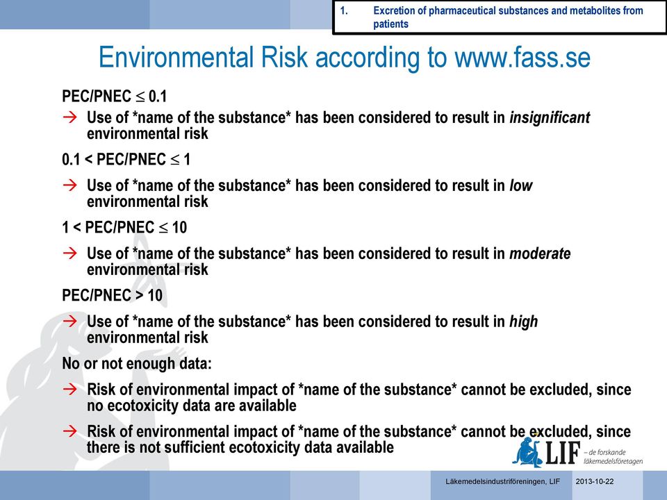 environmental risk PEC/PNEC > 10 Use of *name of the substance* has been considered to result in high environmental risk No or not enough data: 1.