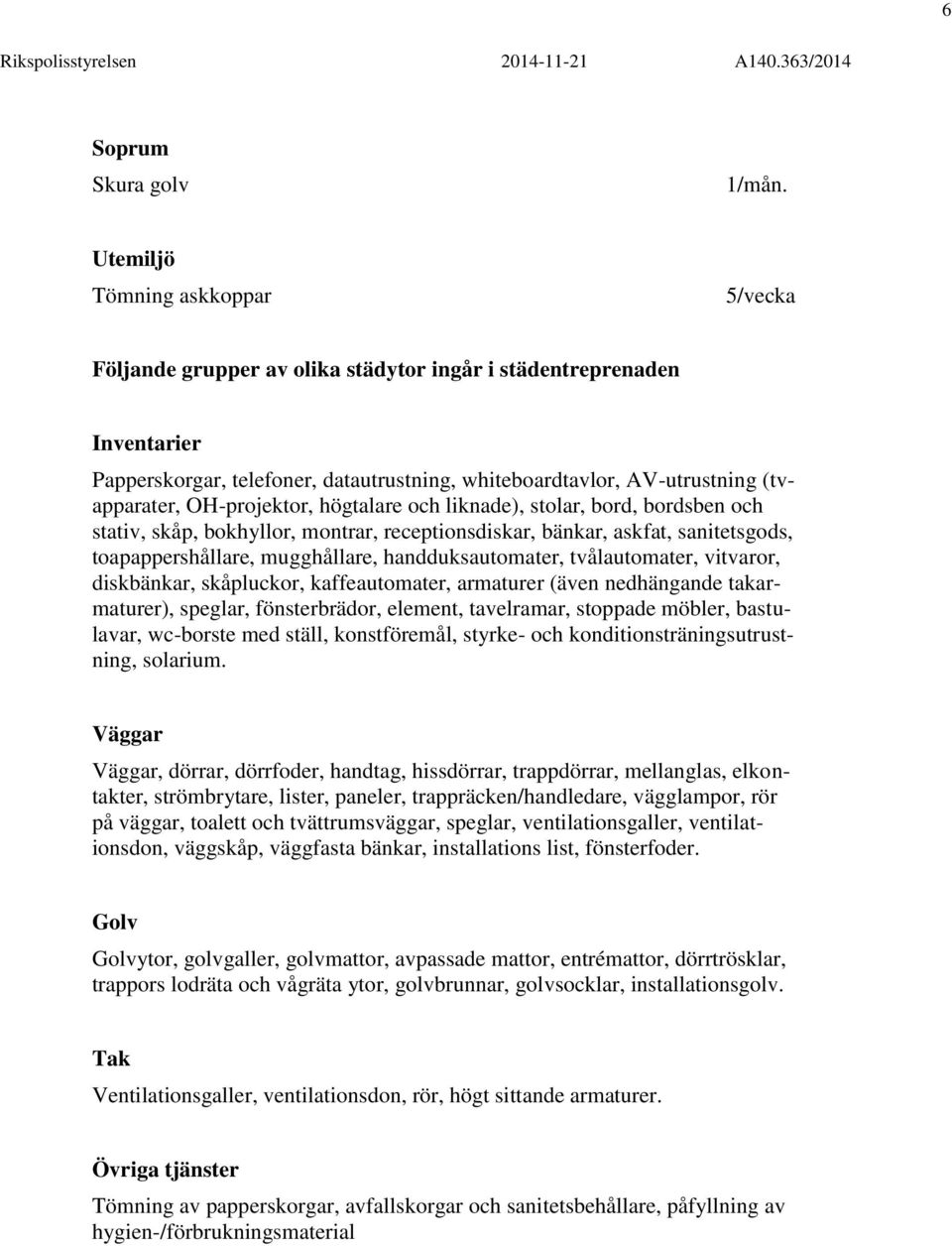 handduksautomater, tvålautomater, vitvaror, diskbänkar, skåpluckor, kaffeautomater, armaturer (även nedhängande takarmaturer), speglar, fönsterbrädor, element, tavelramar, stoppade möbler,