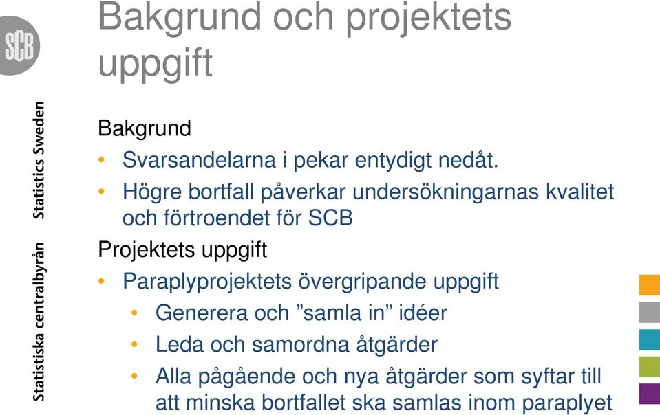 uppgift Paraplyprojektets övergripande uppgift Generera och samla in idéer Leda och