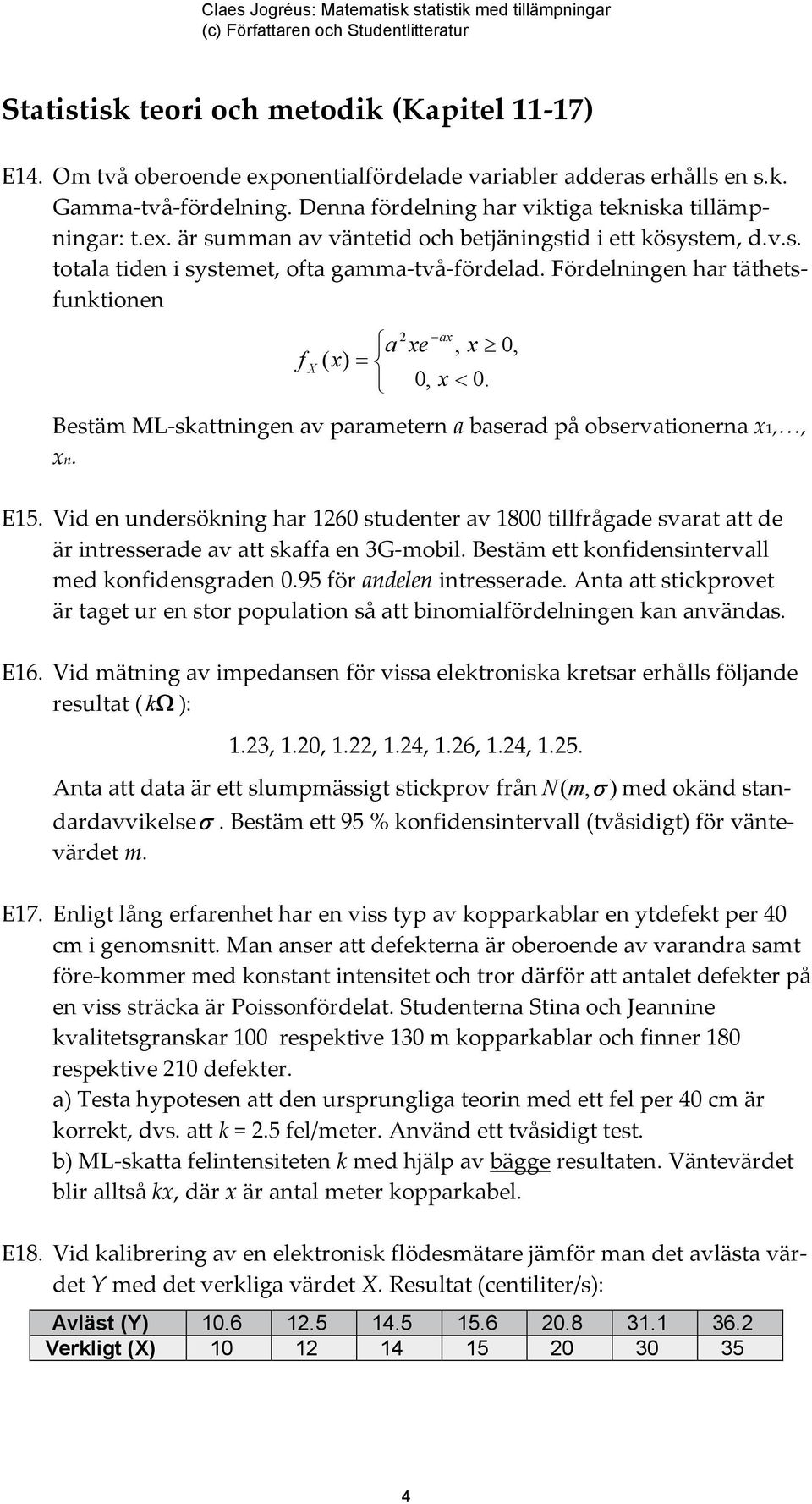 Bestäm ML-skattningen av parametern a baserad på observationerna x1,, xn. E15. Vid en undersökning har 160 studenter av 1800 tillfrågade svarat att de är intresserade av att skaffa en 3G-mobil.