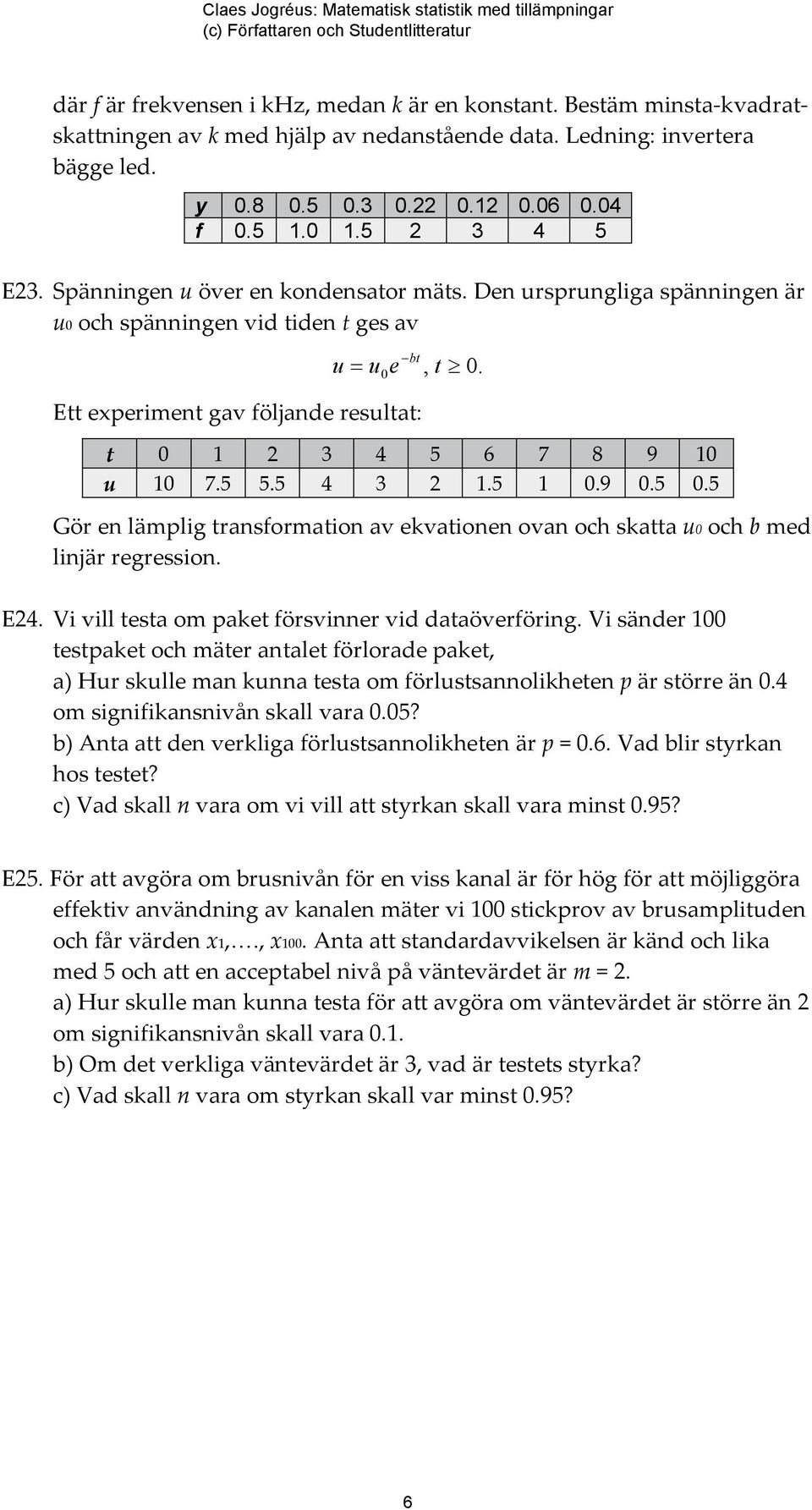 Ett experiment gav följande resultat: t 0 1 3 4 5 6 7 8 9 10 u 10 7.5 5.5 4 3 1.5 1 0.9 0.5 0.5 Gör en lämplig transformation av ekvationen ovan och skatta u0 och b med linjär regression. E4.