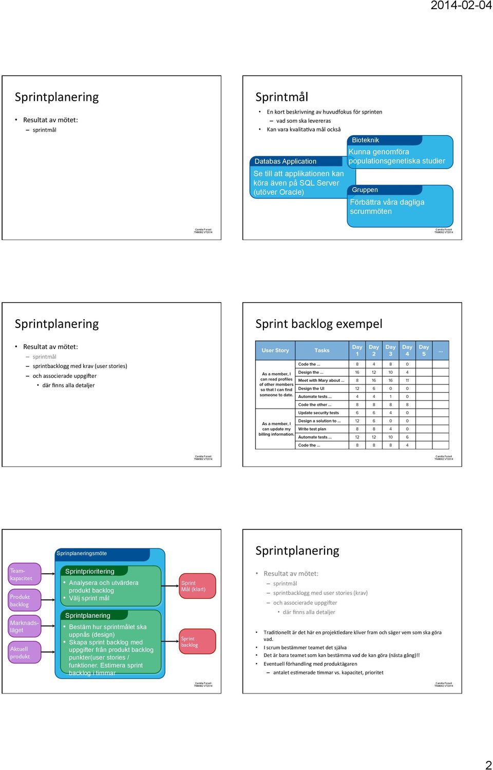 krav (user stories) och associerade uppgizer där finns alla detaljer Sprinplaneringsmöte Teamkapacitet Produkt backlog Marknadsläget Aktuell produkt Sprintprioritering Analysera och utvärdera produkt