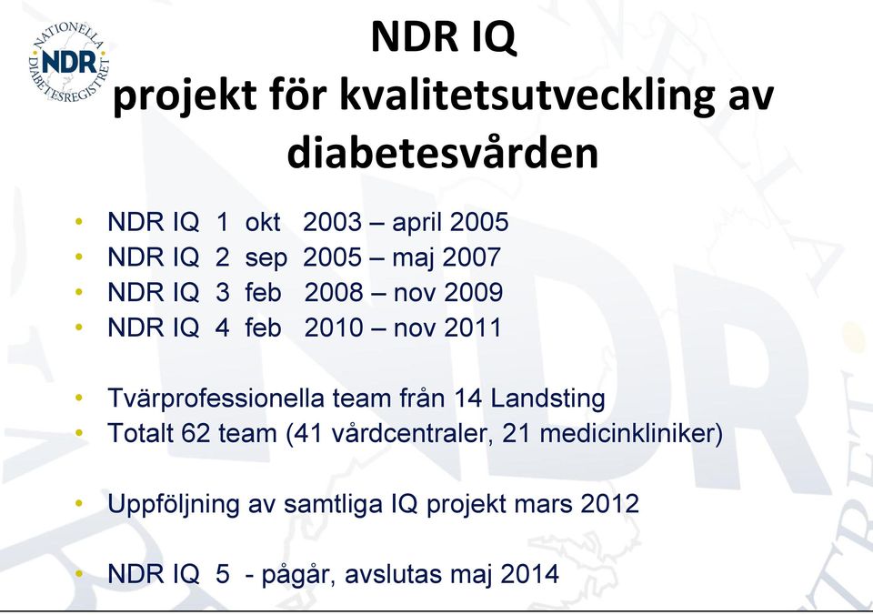 Tvärprofessionella team från 14 Landsting Totalt 62 team (41 vårdcentraler, 21