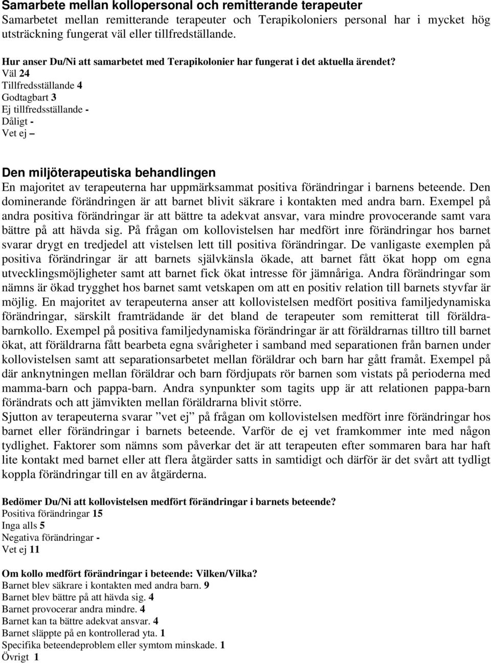 Väl 24 Tillfredsställande 4 Godtagbart 3 Ej tillfredsställande - Dåligt - Vet ej Den miljöterapeutiska behandlingen En majoritet av terapeuterna har uppmärksammat positiva förändringar i barnens