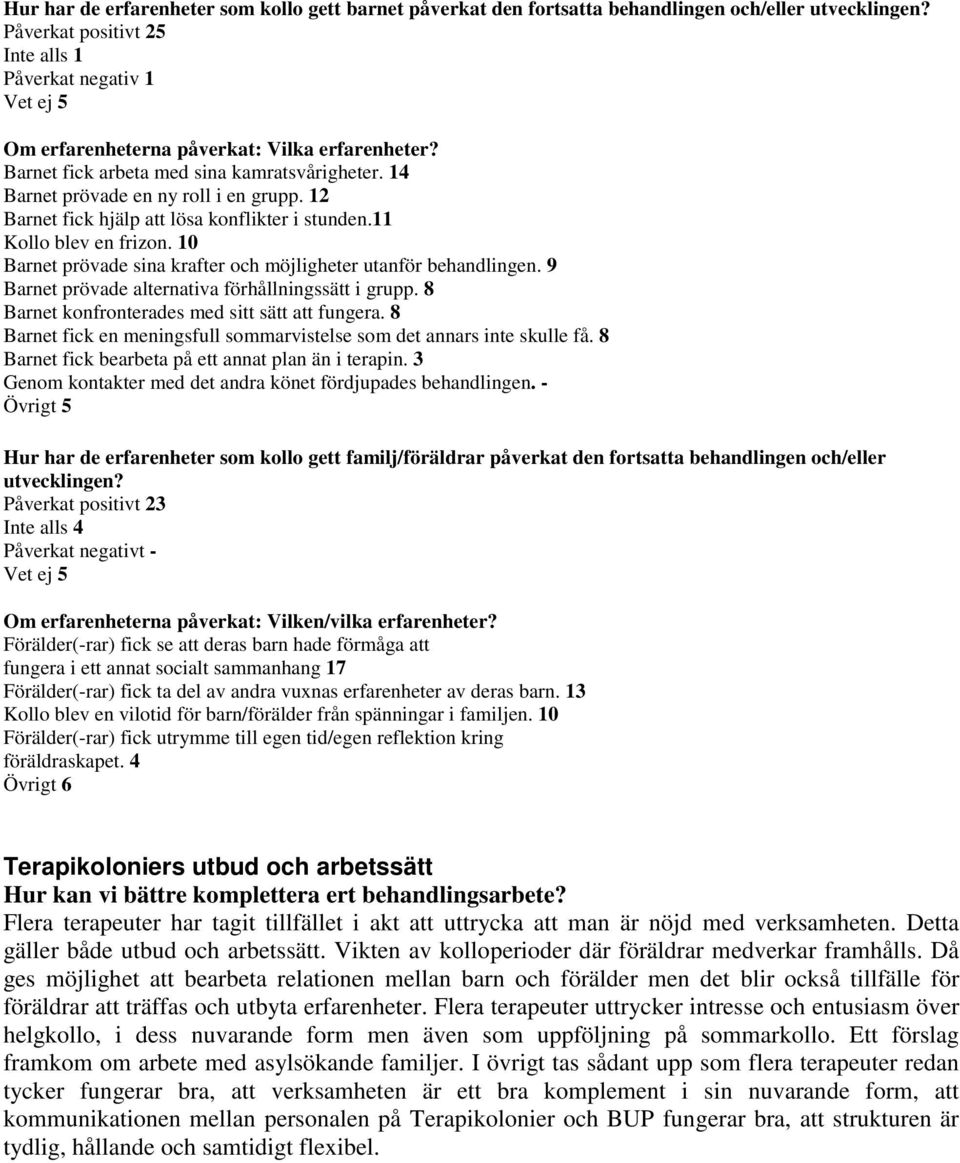 12 Barnet fick hjälp att lösa konflikter i stunden.11 Kollo blev en frizon. 10 Barnet prövade sina krafter och möjligheter utanför behandlingen. 9 Barnet prövade alternativa förhållningssätt i grupp.