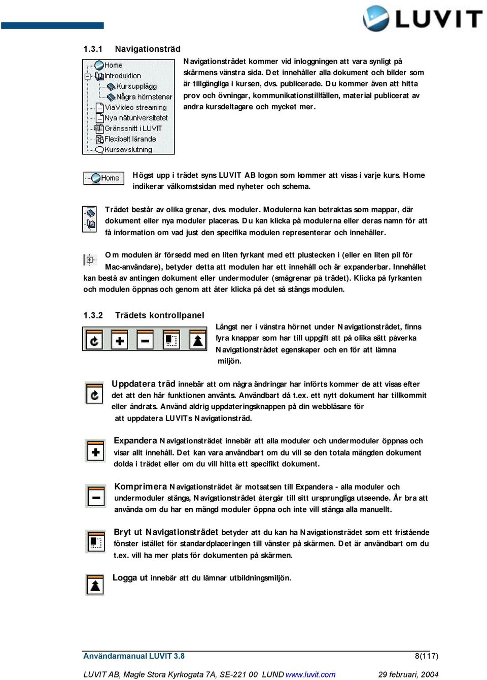 Högst upp i trädet syns LUVIT AB logon som kommer att visas i varje kurs. Home indikerar välkomstsidan med nyheter och schema. Trädet består av olika grenar, dvs. moduler.