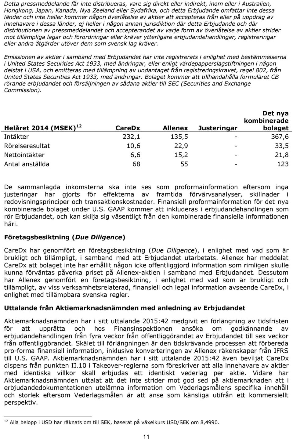 transaktionskostnader. Finansiell proformainformation för det nya kombinerade bolaget under U.S.