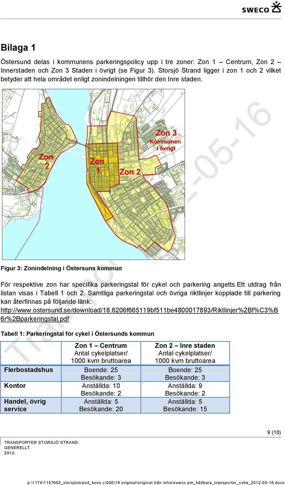 Figur 3: Zonindelning i Östersuns kommun För respektive zon har specifika parkeringstal för cykel och parkering angetts.ett utdrag från listan visas i Tabell 1 och 2.