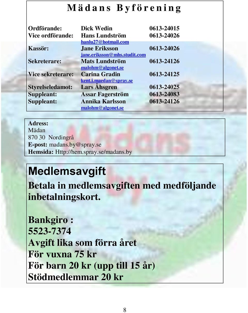 se Styrelseledamot: Lars Åhsgren 0613-24025 Suppleant: Assar Fagerström 0613-24083 Suppleant: Annika Karlsson 0613-24126 malohm@algonet.se Adress: Mädan 870 30 Nordingrå E-post: madans.