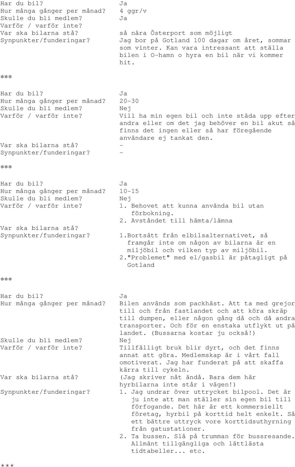 10-15 Vill ha min egen bil och inte städa upp efter andra eller om det jag behöver en bil akut så finns det ingen eller så har föregående användare ej tankat den. 1.