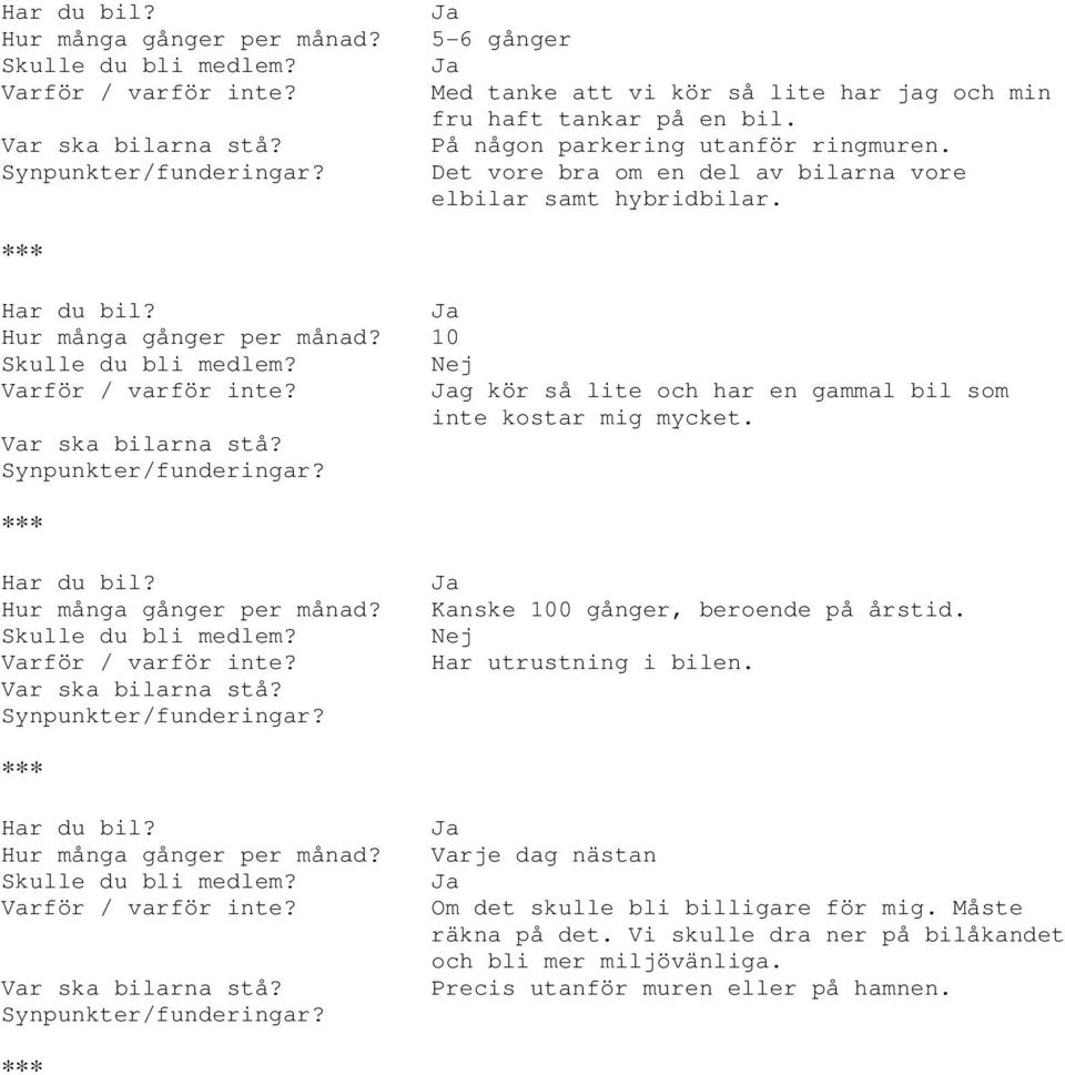 10 Jag kör så lite och har en gammal bil som inte kostar mig mycket. Hur många gånger per månad? Kanske 100 gånger, beroende på årstid.