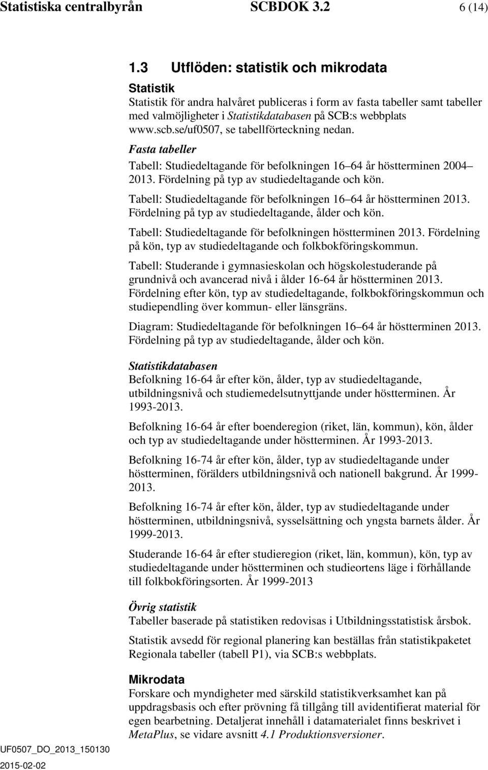 se/uf0507, se tabellförteckning nedan. Fasta tabeller Tabell: Studiedeltagande för befolkningen 16 64 år höstterminen 2004 2013. Fördelning på typ av studiedeltagande och kön.