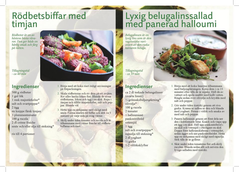 - ca 40 min - ca 35 min 500 g rödbetor 1 gul lök 1 msk majsstärkelse* 2 ägg en knippe färsk timjan 3 plommontomater 100 g rucola 2 dl crème fraiche smör och/eller olja till stekning* ris till 4