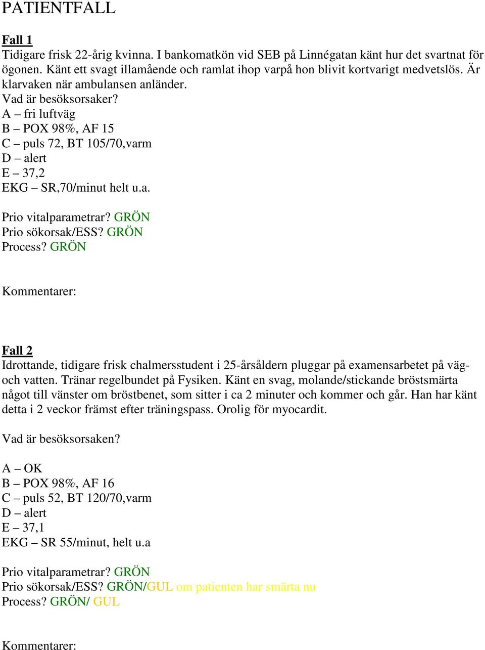 A fri luftväg B POX 98%, AF 15 C puls 72, BT 105/70,varm E 37,2 EKG SR,70/minut helt u.a. Prio sökorsak/ess? GRÖN Process?