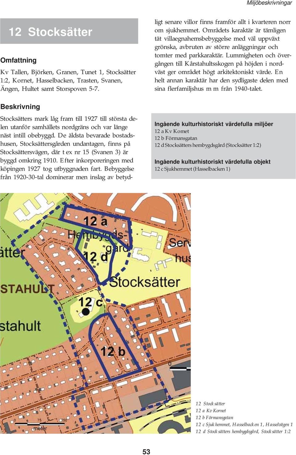 De äldsta bevarade bostadshusen, Stocksättersgården undantagen, finns på Stocksättersvägen, där t ex nr 15 (Svanen 3) är byggd omkring 1910.