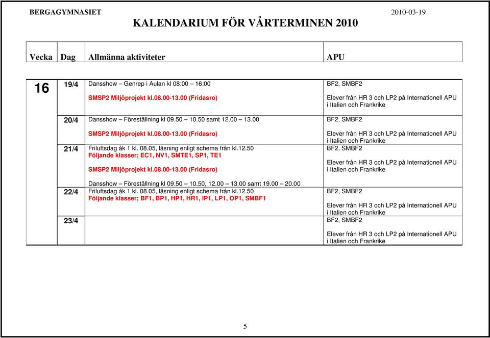 50 Följande klasser; EC1, NV1, SMTE1, SP1, TE1 SMSP2 Miljöprojekt kl.08.00-13.