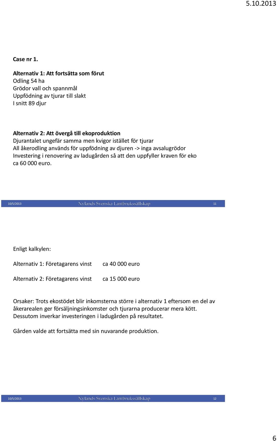 kvigor istället för tjurar All åkerodling används för uppfödning av djuren -> inga avsalugrödor Investering i renovering av ladugården så att den uppfyller kraven för eko ca 60 000 euro.