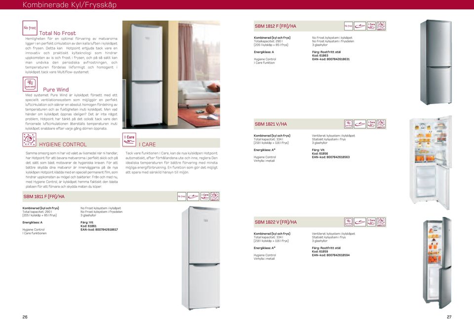 temperaturen fördelas likformigt och homogent i kylskåpet tack vare Multiflow-systemet SBM 8 F (FR)/H Kombinerad (kyl och frys) Totalkapacitet: 90 l (05 l kylskåp + l frys) Energiklass: Hygiene