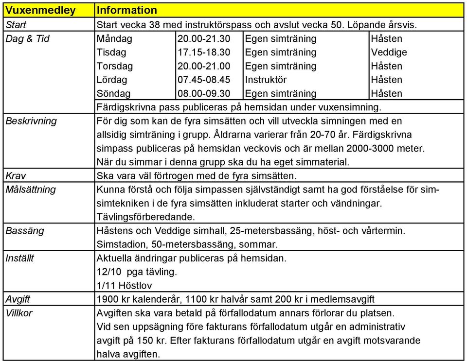 Beskrivning För dig som kan de fyra simsätten och vill utveckla simningen med en allsidig simträning i grupp. Åldrarna varierar från 20-70 år.