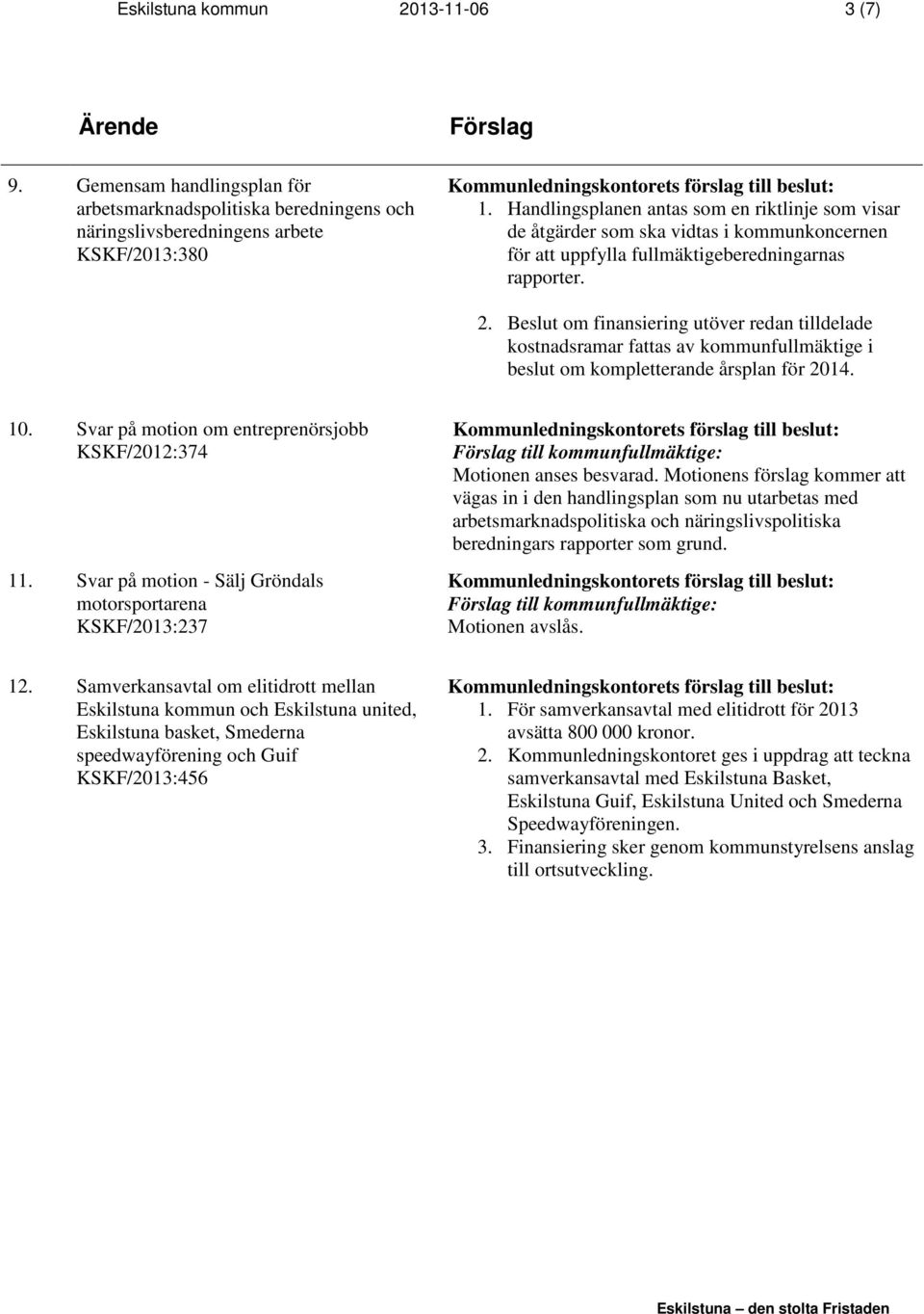 Beslut om finansiering utöver redan tilldelade kostnadsramar fattas av kommunfullmäktige i beslut om kompletterande årsplan för 2014. 10. Svar på motion om entreprenörsjobb KSKF/2012:374 11.