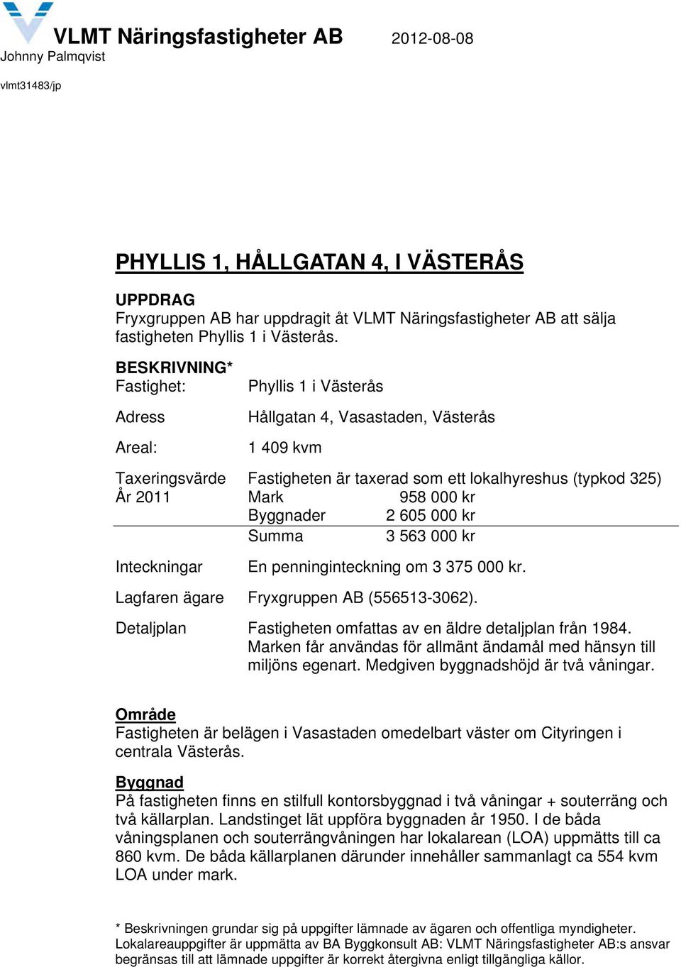 BESKRIVNING* Fastighet: Adress Areal: Phyllis 1 i Västerås Hållgatan 4, Vasastaden, Västerås 1 409 kvm Taxeringsvärde Fastigheten är taxerad som ett lokalhyreshus (typkod 325) År 2011 Mark 958 000 kr