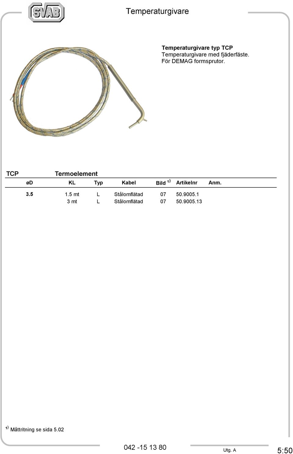 TCP Termoelement ød KL Typ Kabel Bild ¹ ) Artikelnr Anm. 3.