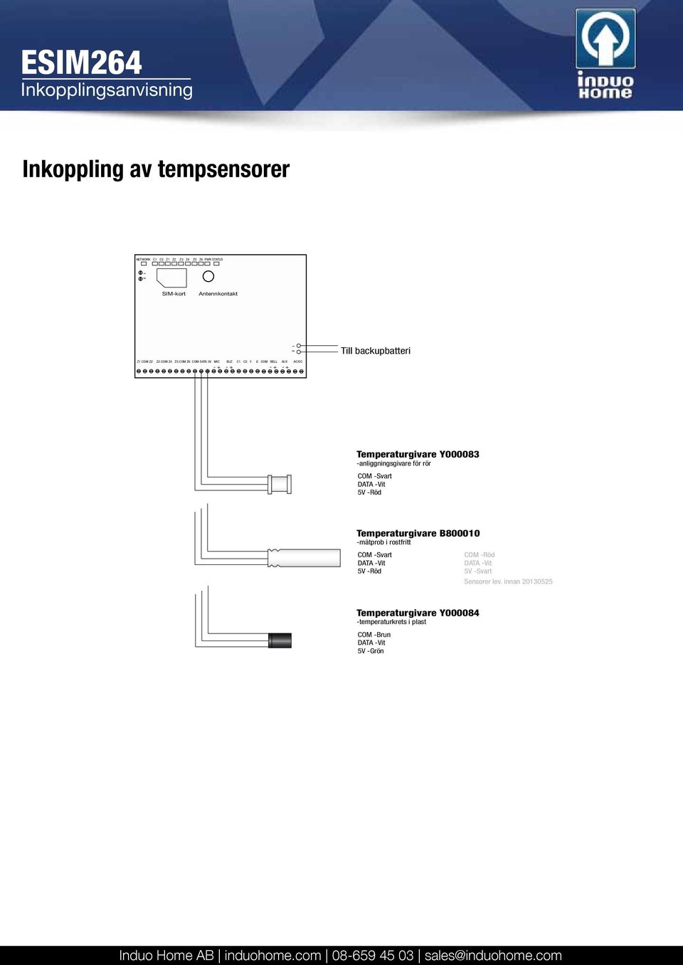 -anliggningsgivare för rör COM -Svart DATA -Vit 5V -Röd Temperaturgivare B800010 -mätprob i rostfritt COM -Svart DATA -Vit