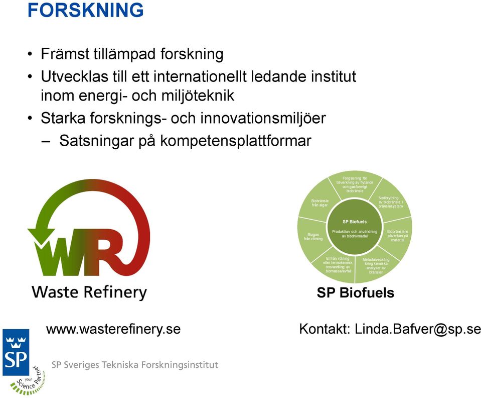 Nedbrytning av biobränsle i bränslesystem Biogas från rötning SP Biofuels Produktion och användning av biodrivmedel Biobränslens påverkan på material