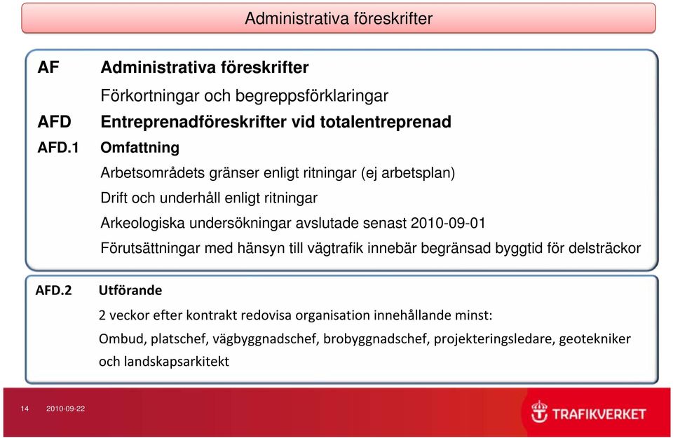 enligt ritningar (ej arbetsplan) Drift och underhåll enligt ritningar Arkeologiska undersökningar avslutade senast 2010-09-01 Förutsättningar med