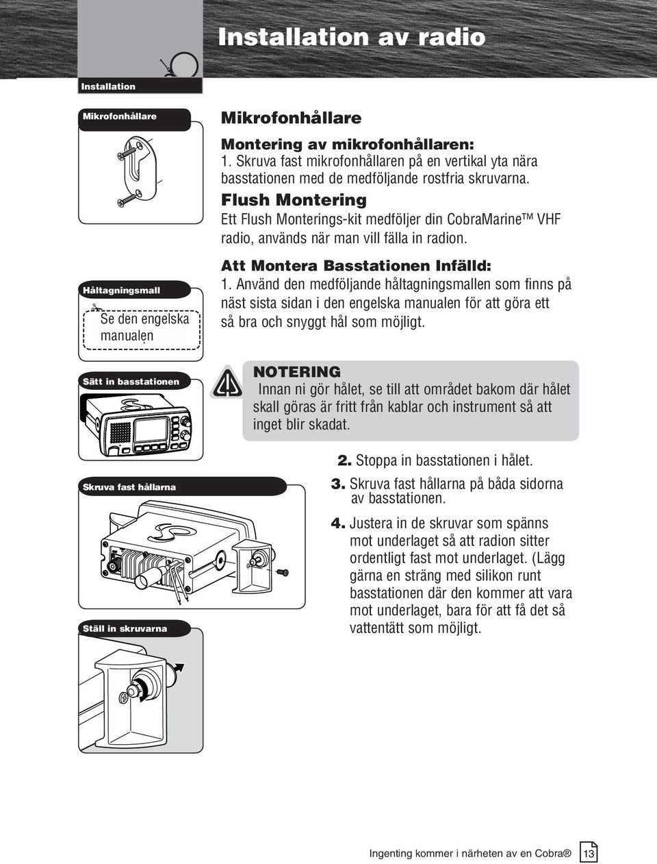 Flush Montering Ett Flush Monterings-kit medföljer din CobraMarine VHF radio, används när man vill fälla in radion. Att Montera Basstationen Infälld: 1.