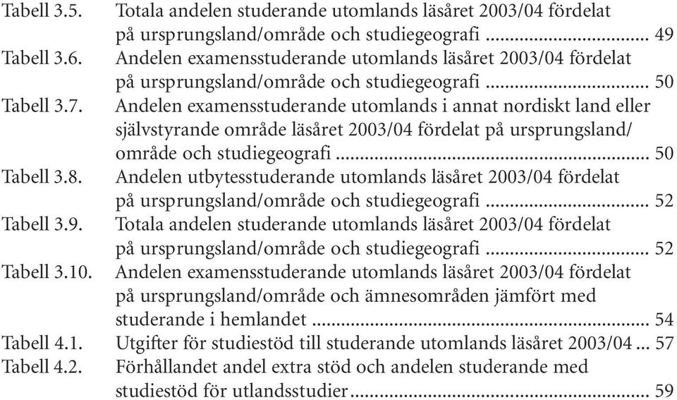 Andelen examensstuderande utomlands i annat nordiskt land eller självstyrande område läsåret 23/4 fördelat på ursprungsland/ område och studiegeografi... 5 Tabell 3.8.